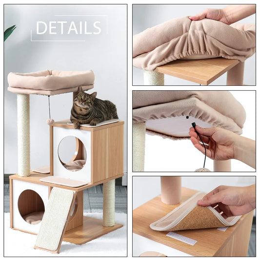 130CM Large Wooden Cat Tree – Double Condos, Hammock & Sisal Posts
